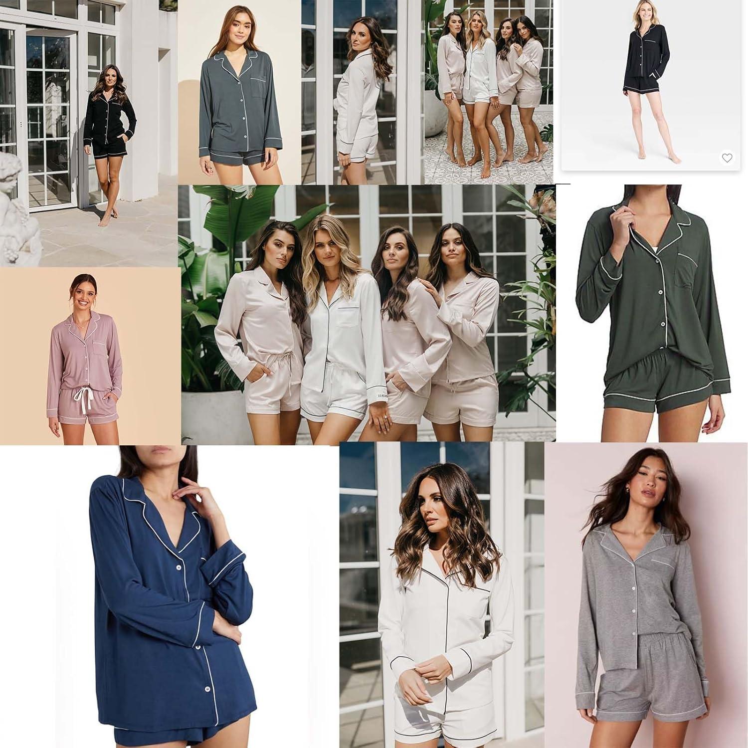 imageSWOMOG Womens Pajama Sets Long Sleeve and Shorts Pajamas Button Down Pjs 2 PCS Sleepwear Lounge Set with PocketsBlue Green