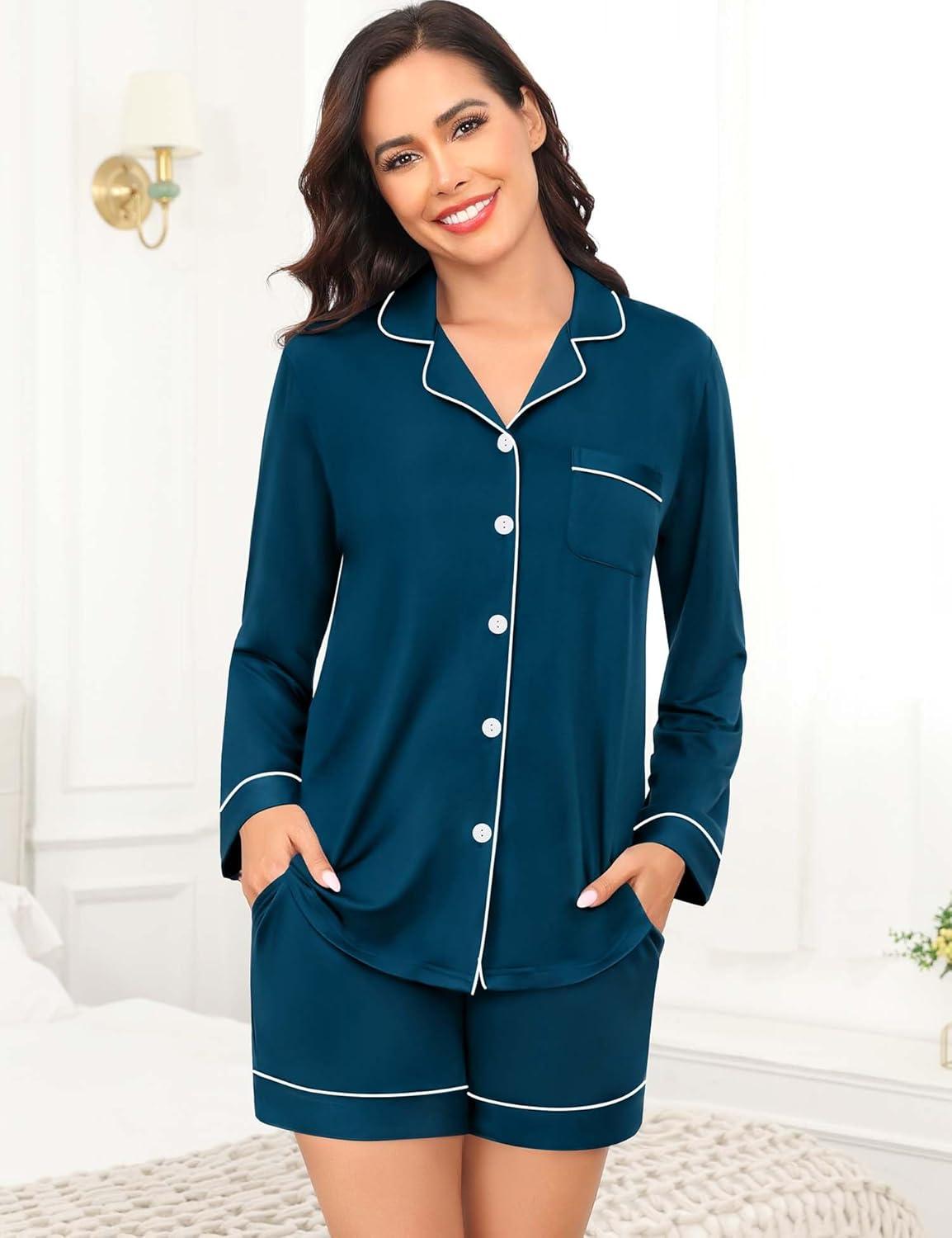 imageSWOMOG Womens Pajama Sets Long Sleeve and Shorts Pajamas Button Down Pjs 2 PCS Sleepwear Lounge Set with PocketsBlue Green