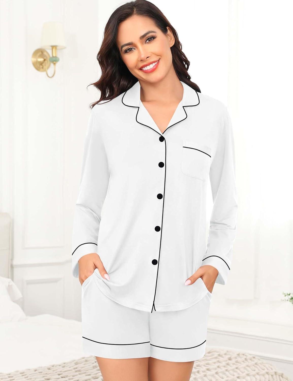 imageSWOMOG Womens Pajama Sets Long Sleeve and Shorts Pajamas Button Down Pjs 2 PCS Sleepwear Lounge Set with PocketsWhite