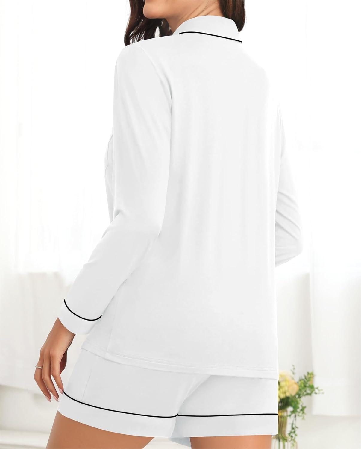 imageSWOMOG Womens Pajama Sets Long Sleeve and Shorts Pajamas Button Down Pjs 2 PCS Sleepwear Lounge Set with PocketsWhite