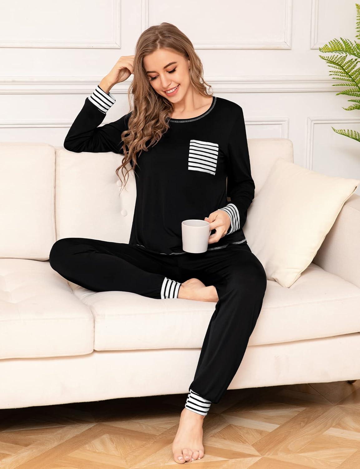 imageSWOMOG Womens Pajamas Set Long Sleeve Sleepwear with Long Pants Soft Modal Loungewear Pj Set0black