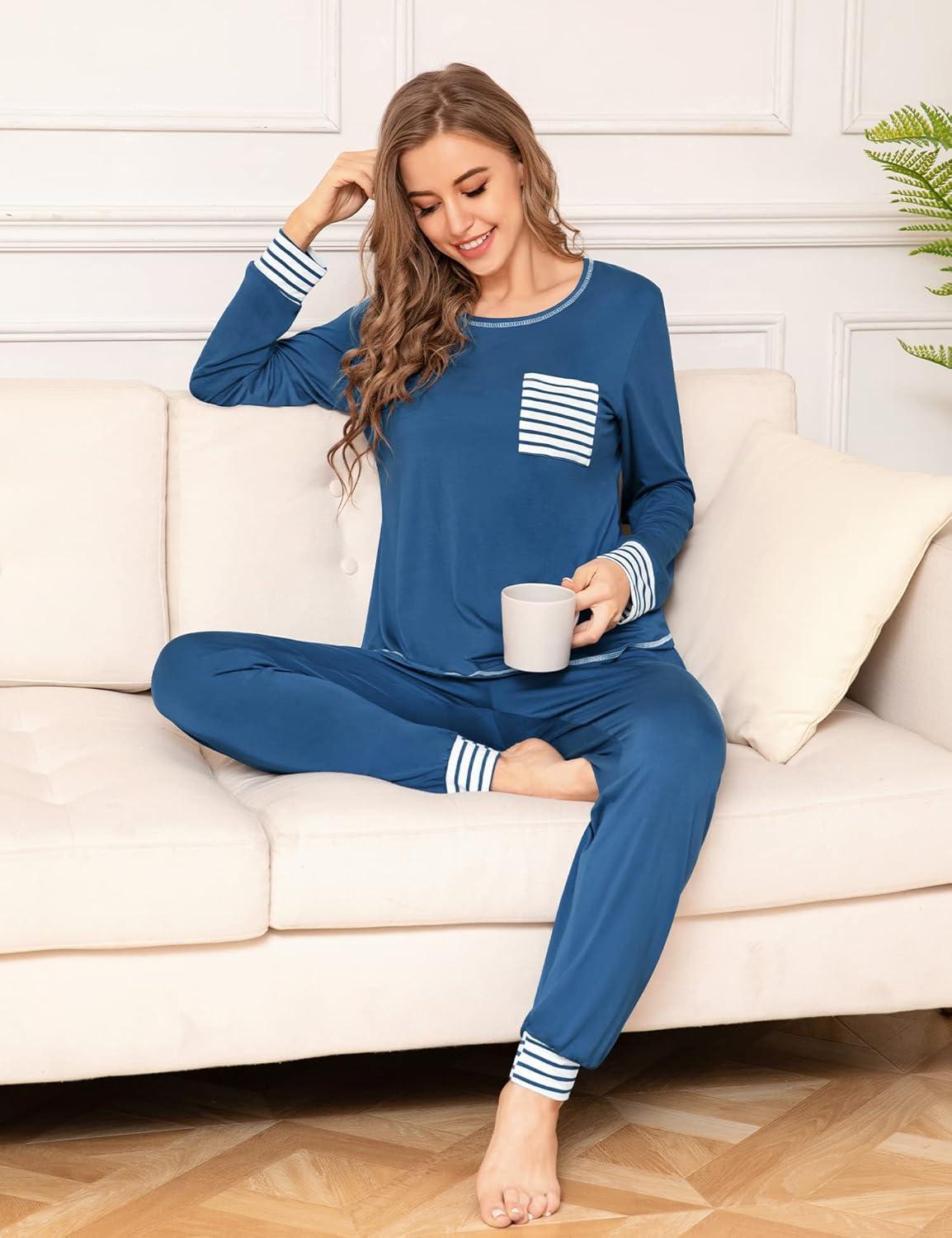 imageSWOMOG Womens Pajamas Set Long Sleeve Sleepwear with Long Pants Soft Modal Loungewear Pj SetBlue