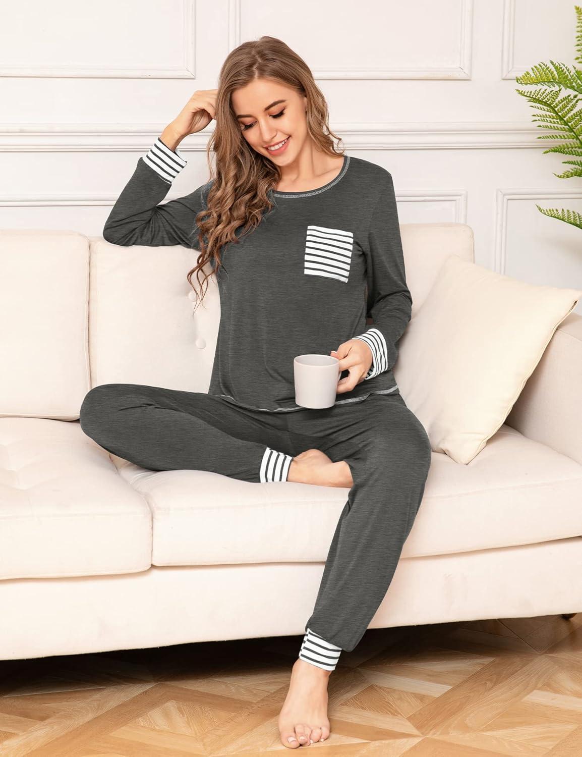 imageSWOMOG Womens Pajamas Set Long Sleeve Sleepwear with Long Pants Soft Modal Loungewear Pj SetDeep Grey