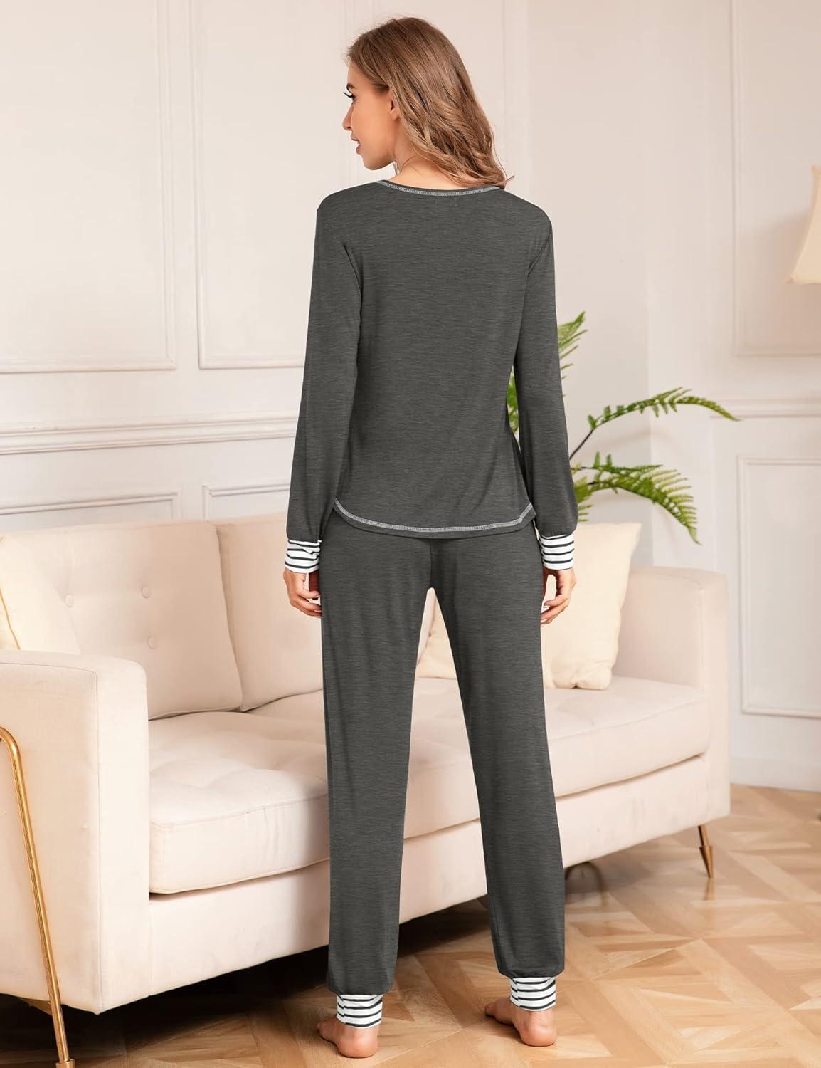 imageSWOMOG Womens Pajamas Set Long Sleeve Sleepwear with Long Pants Soft Modal Loungewear Pj SetDeep Grey