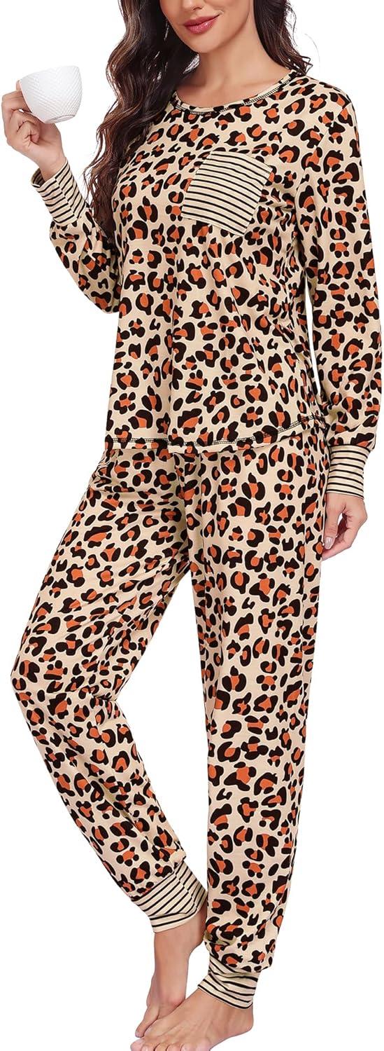 imageSWOMOG Womens Pajamas Set Long Sleeve Sleepwear with Long Pants Soft Modal Loungewear Pj SetLeopard