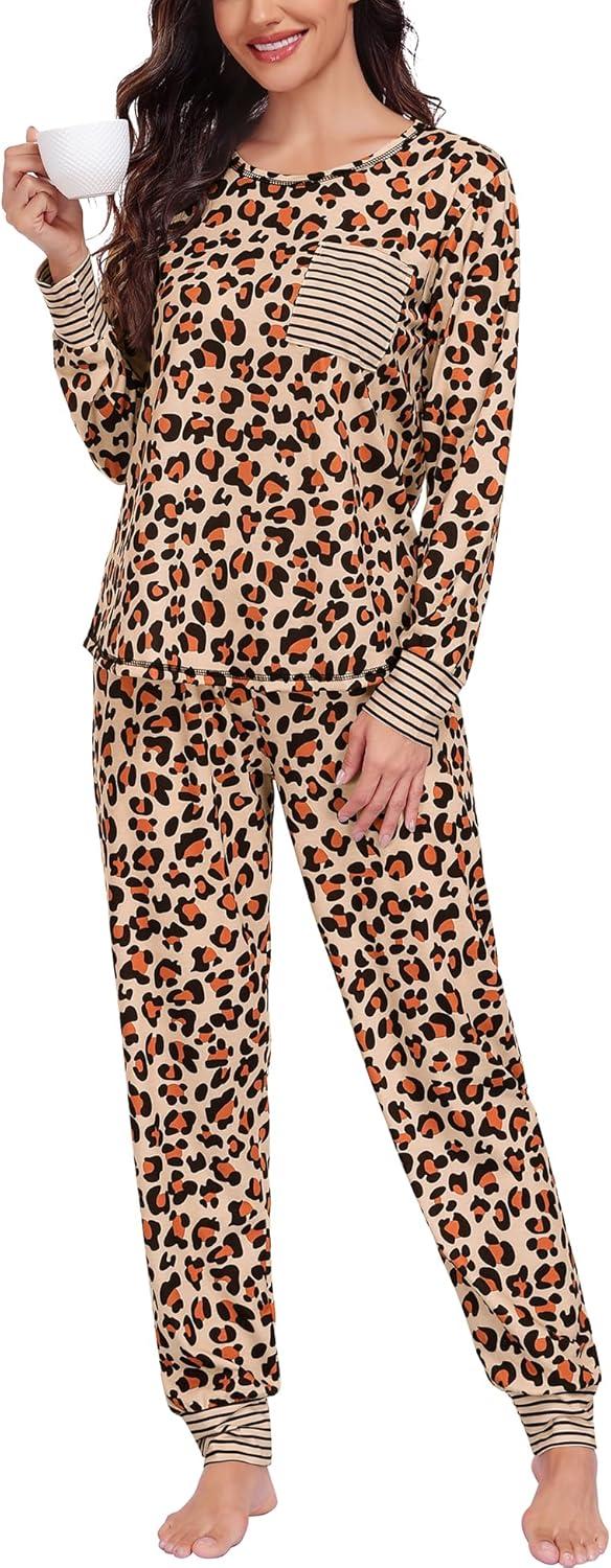 imageSWOMOG Womens Pajamas Set Long Sleeve Sleepwear with Long Pants Soft Modal Loungewear Pj SetLeopard