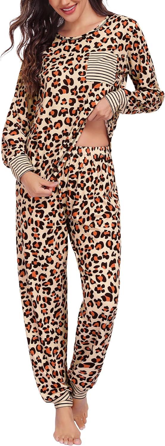 imageSWOMOG Womens Pajamas Set Long Sleeve Sleepwear with Long Pants Soft Modal Loungewear Pj SetLeopard