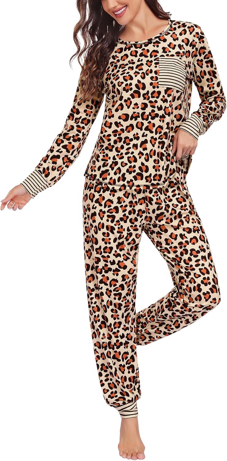 imageSWOMOG Womens Pajamas Set Long Sleeve Sleepwear with Long Pants Soft Modal Loungewear Pj SetLeopard