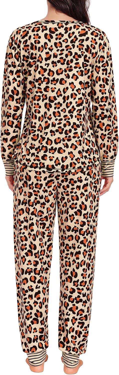 imageSWOMOG Womens Pajamas Set Long Sleeve Sleepwear with Long Pants Soft Modal Loungewear Pj SetLeopard