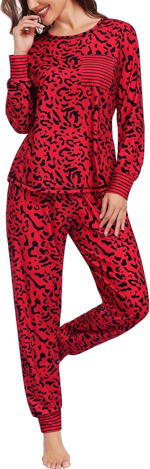 imageSWOMOG Womens Pajamas Set Long Sleeve Sleepwear with Long Pants Soft Modal Loungewear Pj SetRed Leopard