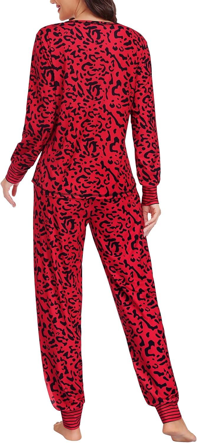 imageSWOMOG Womens Pajamas Set Long Sleeve Sleepwear with Long Pants Soft Modal Loungewear Pj SetRed Leopard