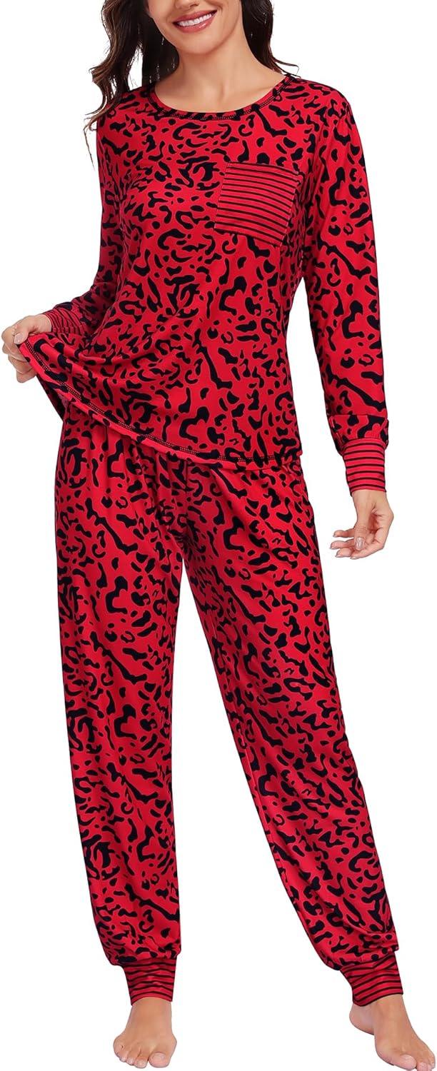 imageSWOMOG Womens Pajamas Set Long Sleeve Sleepwear with Long Pants Soft Modal Loungewear Pj SetRed Leopard