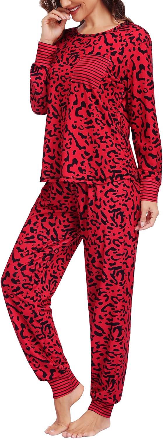 imageSWOMOG Womens Pajamas Set Long Sleeve Sleepwear with Long Pants Soft Modal Loungewear Pj SetRed Leopard