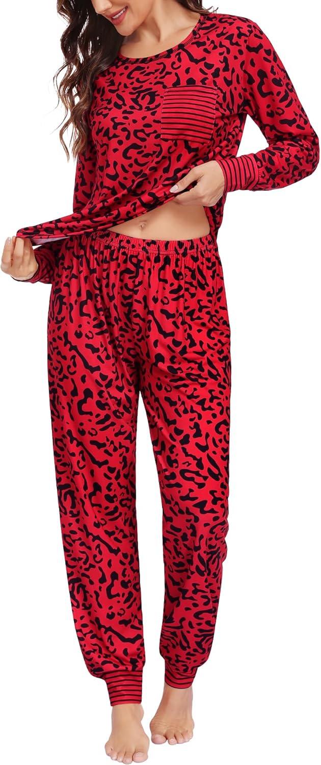 imageSWOMOG Womens Pajamas Set Long Sleeve Sleepwear with Long Pants Soft Modal Loungewear Pj SetRed Leopard