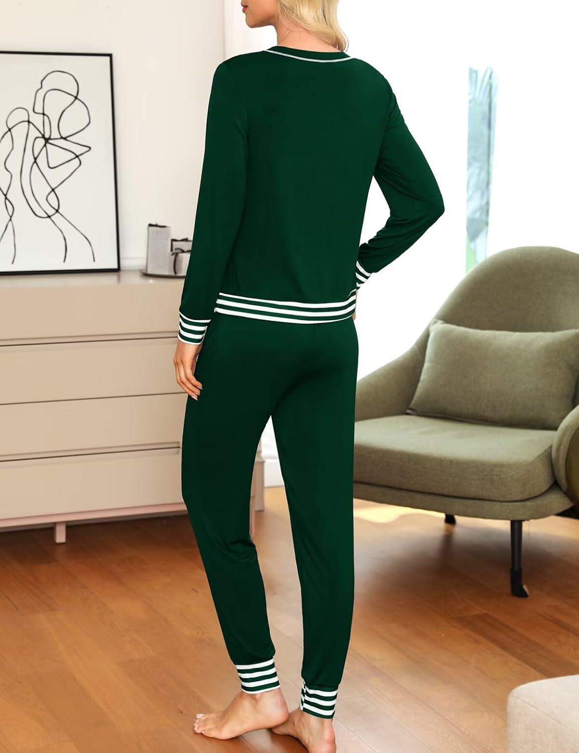 imageSWOMOG Womens Pajamas Set Long Sleeve Sleepwear with Long Pants Soft Modal Loungewear Pj SetStyle2dark Geen