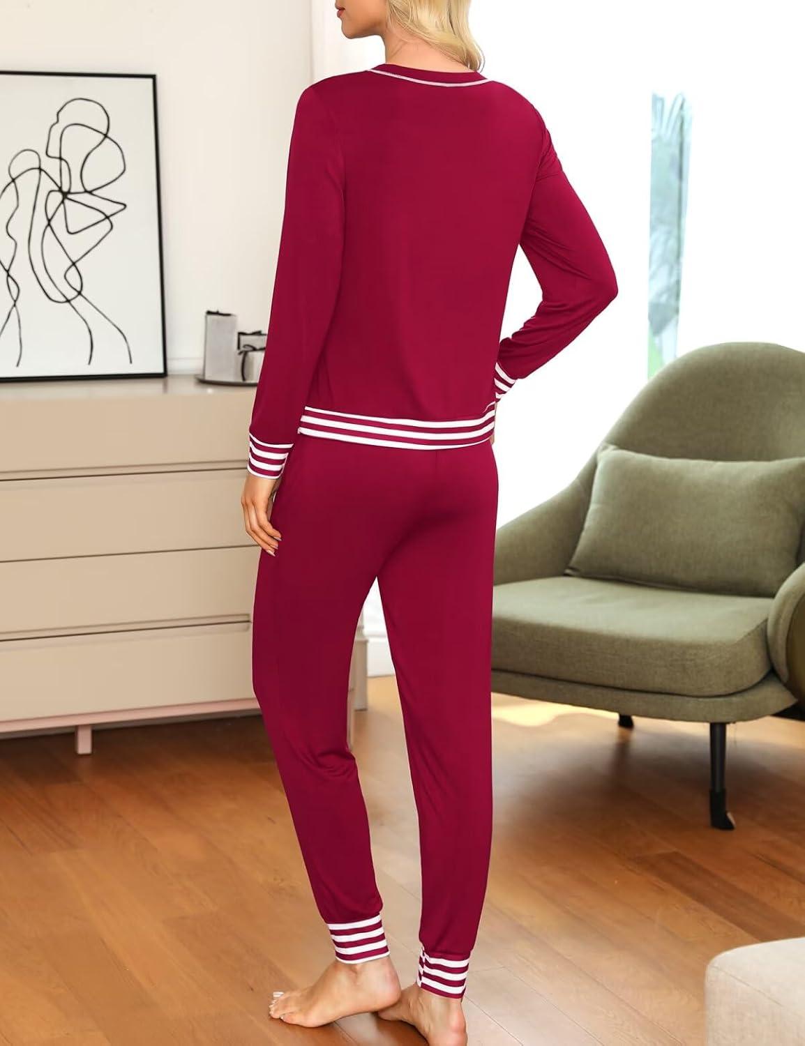 imageSWOMOG Womens Pajamas Set Long Sleeve Sleepwear with Long Pants Soft Modal Loungewear Pj SetStyle2wine Red