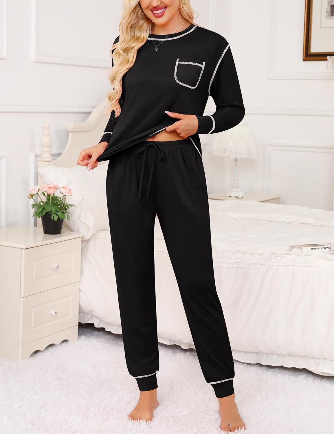imageSWOMOG Womens Pajamas Set Long Sleeve Sleepwear with Long Pants Soft Modal Loungewear Pj SetStyle3black