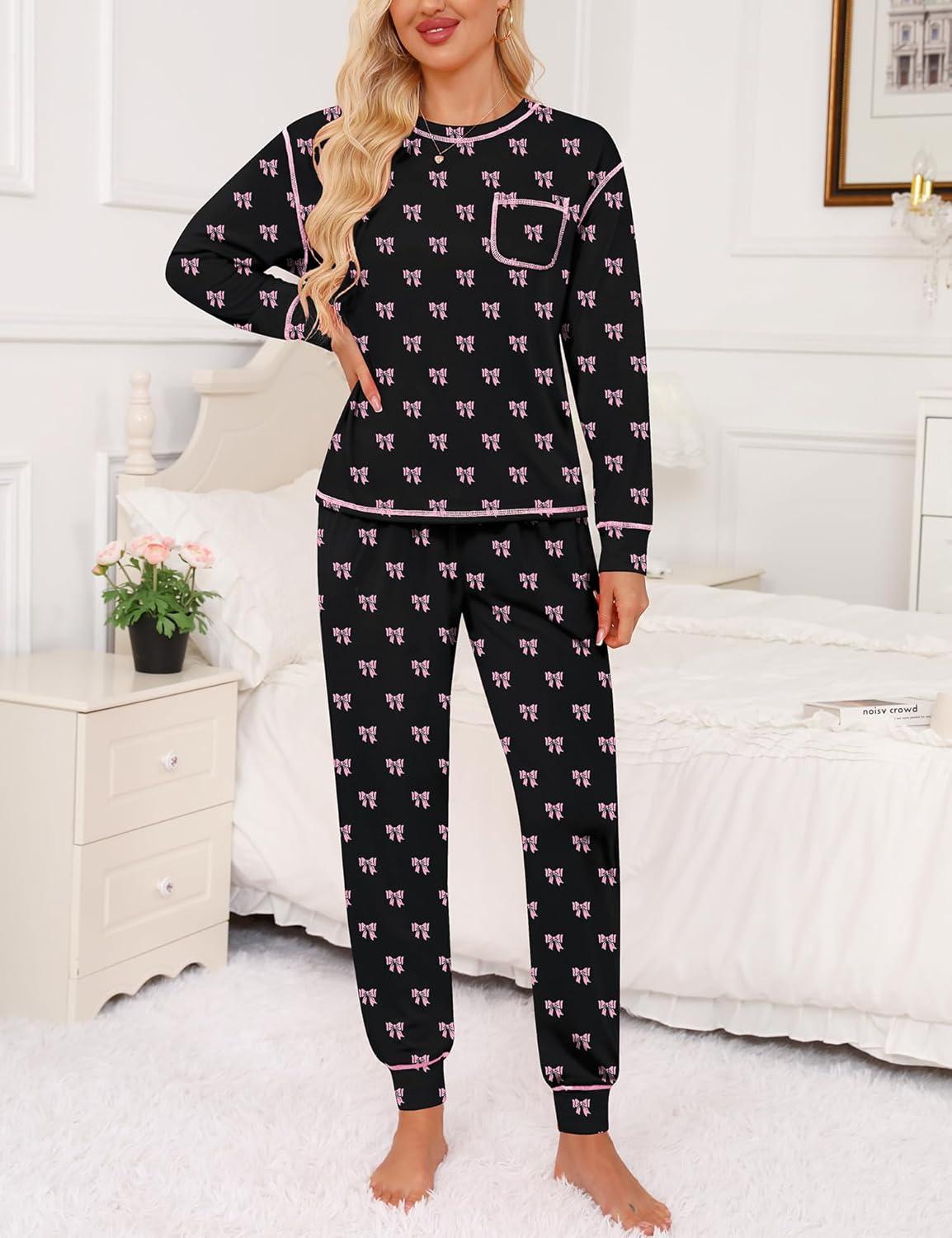 imageSWOMOG Womens Pajamas Set Long Sleeve Sleepwear with Long Pants Soft Modal Loungewear Pj SetStyle3black Bow