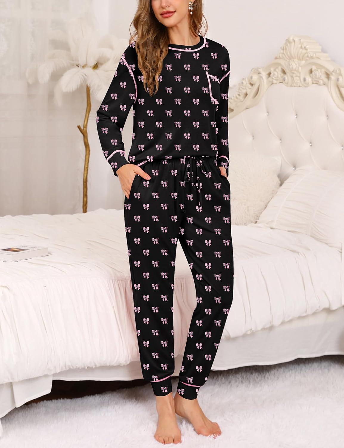 imageSWOMOG Womens Pajamas Set Long Sleeve Sleepwear with Long Pants Soft Modal Loungewear Pj SetStyle3black Bow