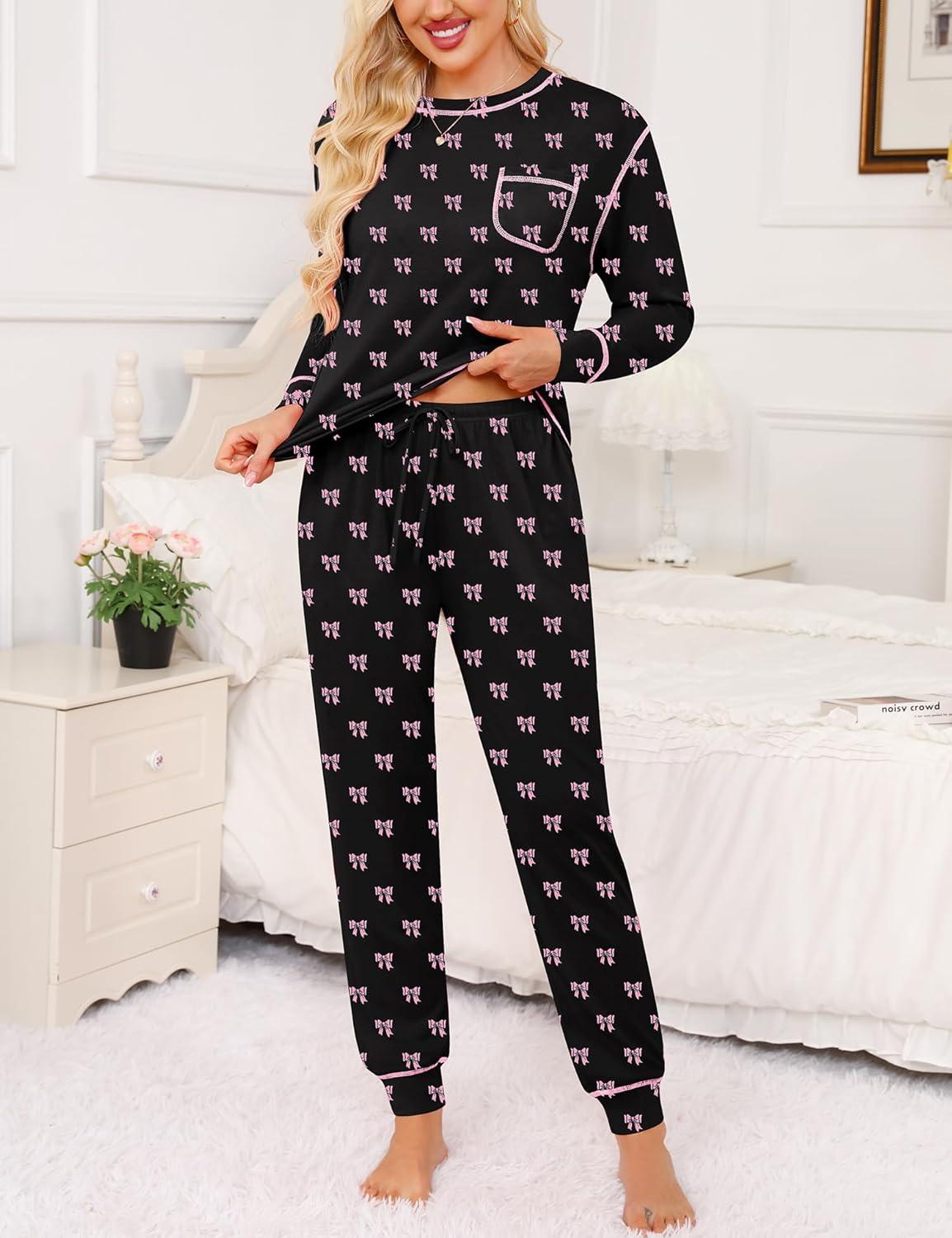 imageSWOMOG Womens Pajamas Set Long Sleeve Sleepwear with Long Pants Soft Modal Loungewear Pj SetStyle3black Bow