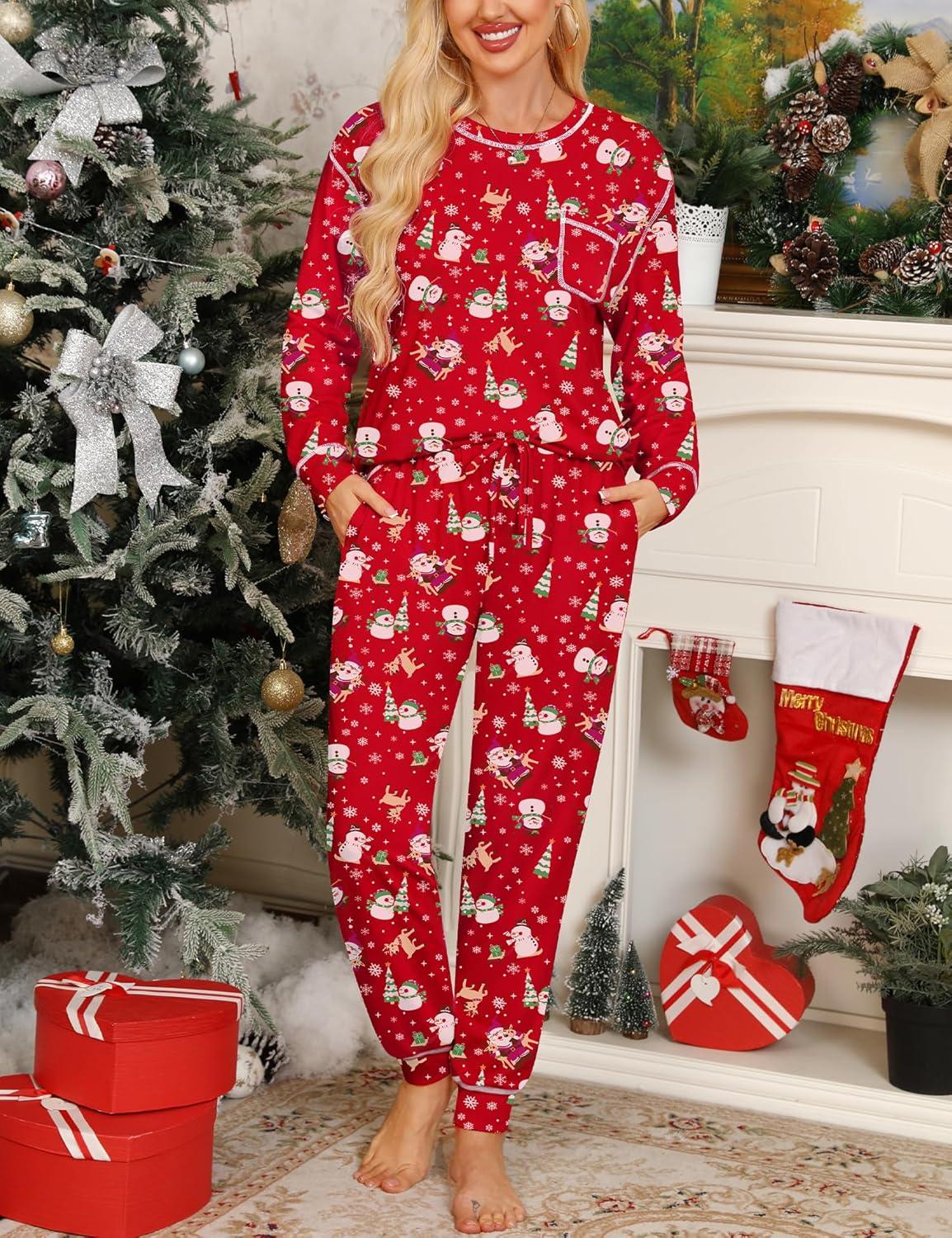 imageSWOMOG Womens Pajamas Set Long Sleeve Sleepwear with Long Pants Soft Modal Loungewear Pj SetStyle3santa Claus and Snowman