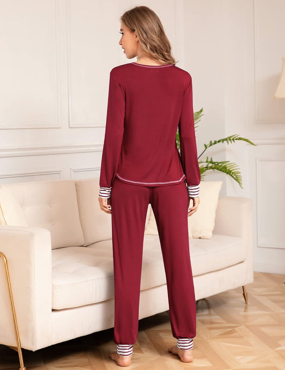 imageSWOMOG Womens Pajamas Set Long Sleeve Sleepwear with Long Pants Soft Modal Loungewear Pj SetWine Red