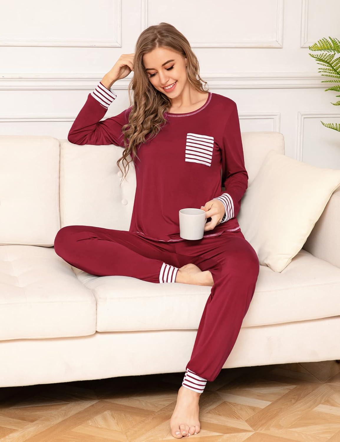 imageSWOMOG Womens Pajamas Set Long Sleeve Sleepwear with Long Pants Soft Modal Loungewear Pj SetWine Red