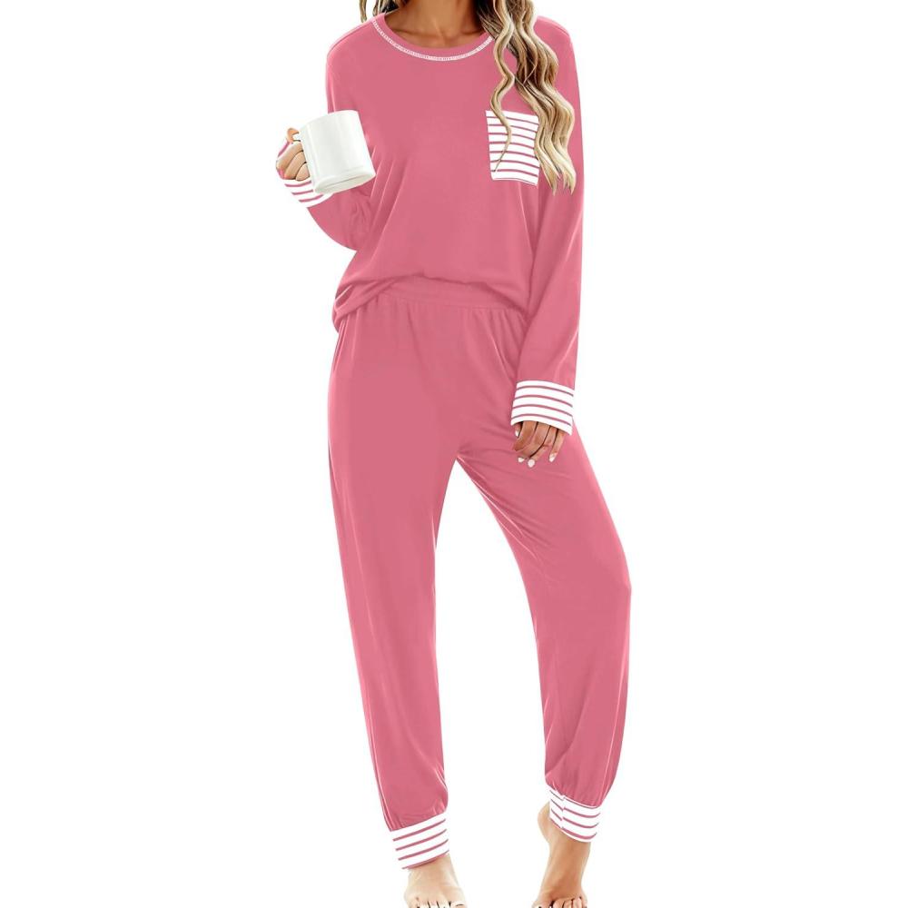 imageSWOMOG Womens Pajamas Set Long Sleeve Sleepwear with Long Pants Soft Modal Loungewear Pj SetCoral