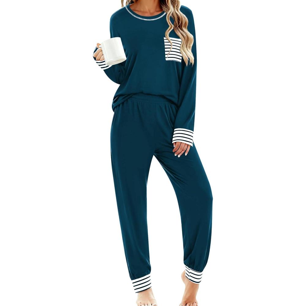 imageSWOMOG Womens Pajamas Set Long Sleeve Sleepwear with Long Pants Soft Modal Loungewear Pj SetDark Navy Blue