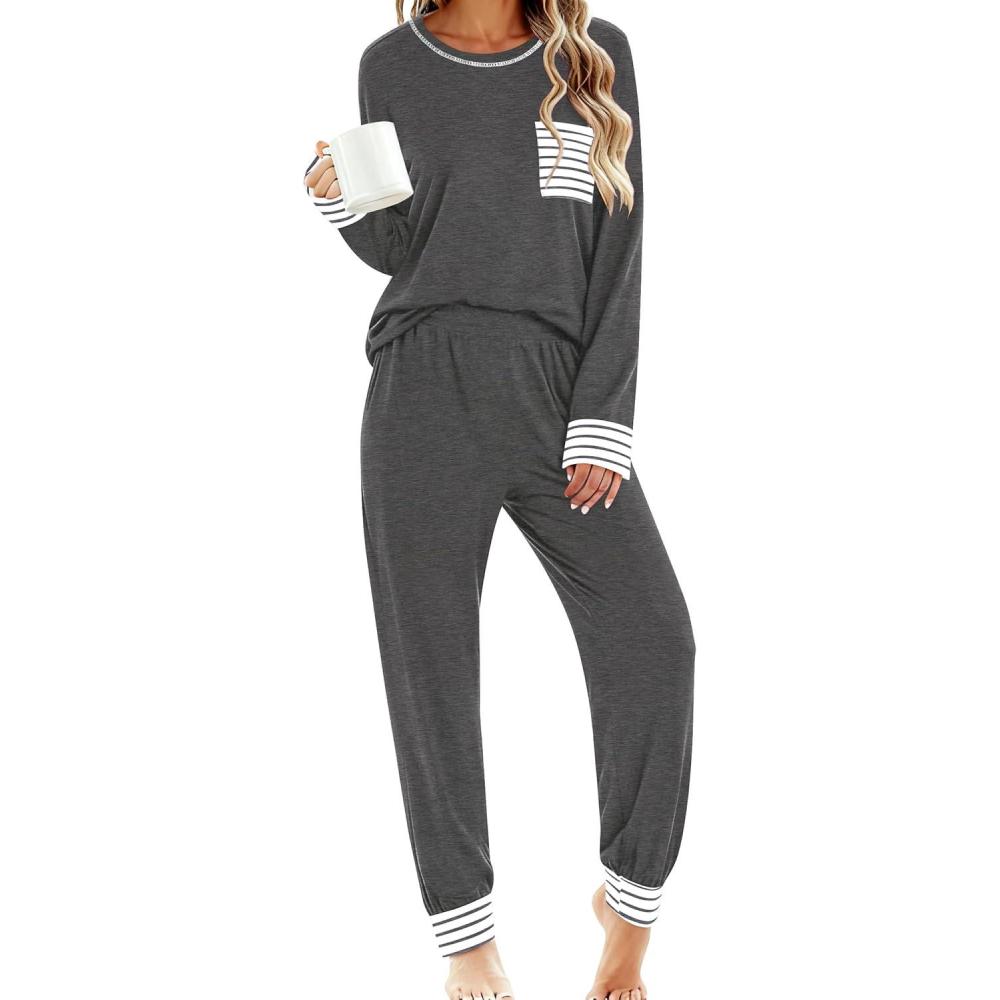 imageSWOMOG Womens Pajamas Set Long Sleeve Sleepwear with Long Pants Soft Modal Loungewear Pj SetDeep Grey