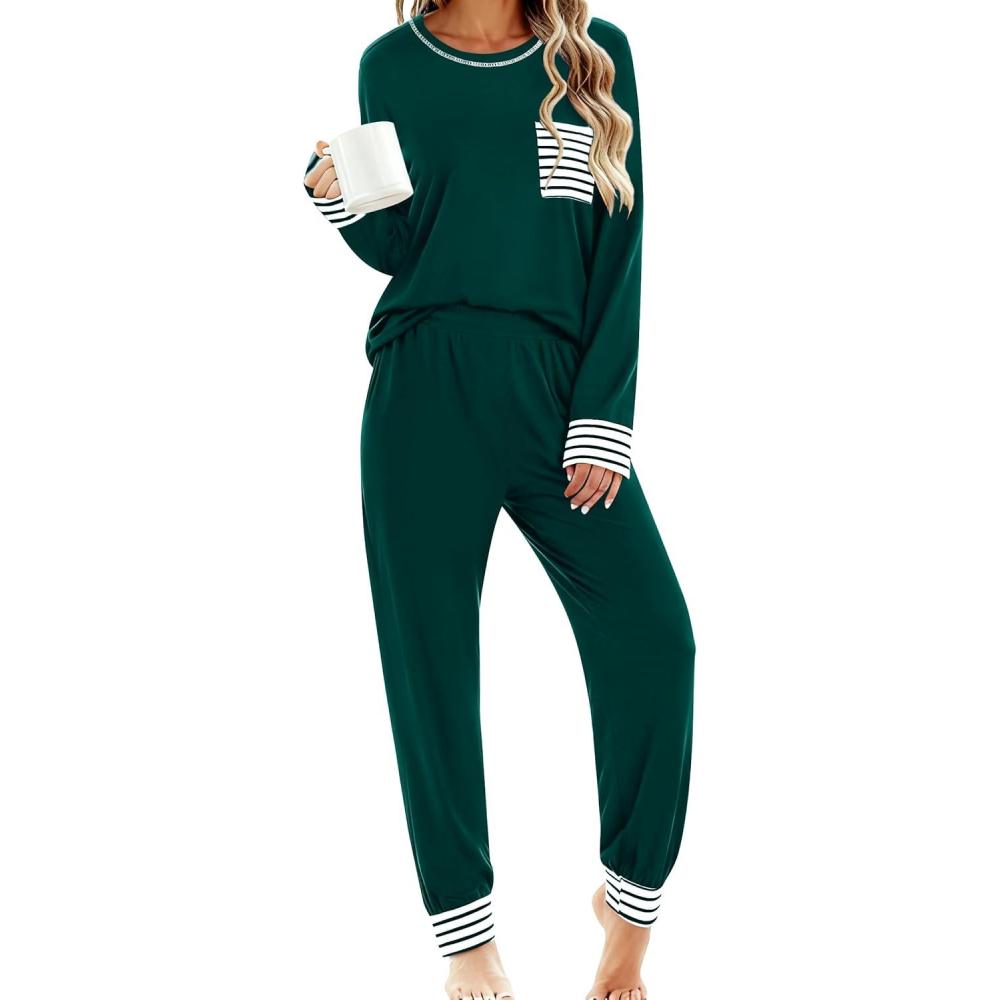 imageSWOMOG Womens Pajamas Set Long Sleeve Sleepwear with Long Pants Soft Modal Loungewear Pj SetGreen