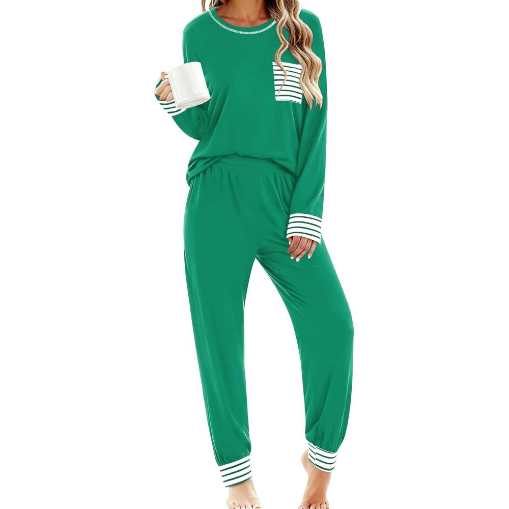 imageSWOMOG Womens Pajamas Set Long Sleeve Sleepwear with Long Pants Soft Modal Loungewear Pj SetLight Green