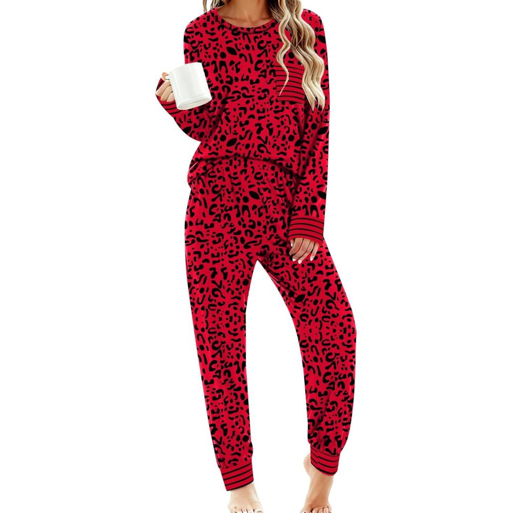 imageSWOMOG Womens Pajamas Set Long Sleeve Sleepwear with Long Pants Soft Modal Loungewear Pj SetRed Leopard