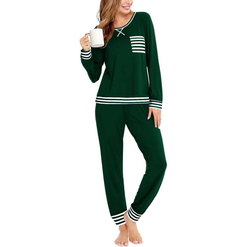 imageSWOMOG Womens Pajamas Set Long Sleeve Sleepwear with Long Pants Soft Modal Loungewear Pj SetStyle2dark Geen
