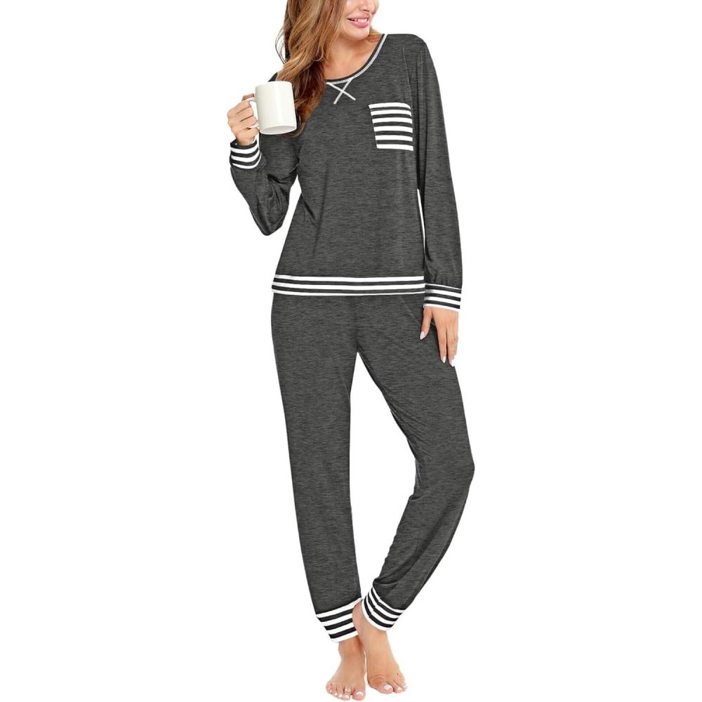 imageSWOMOG Womens Pajamas Set Long Sleeve Sleepwear with Long Pants Soft Modal Loungewear Pj SetStyle2deep Grey