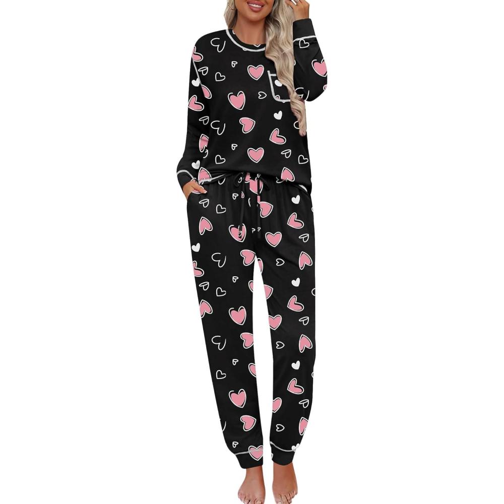 imageSWOMOG Womens Pajamas Set Long Sleeve Sleepwear with Long Pants Soft Modal Loungewear Pj SetStyle3black Pink Heart
