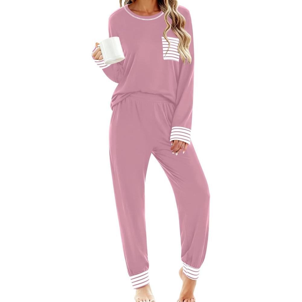 imageSWOMOG Womens Pajamas Set Long Sleeve Sleepwear with Long Pants Soft Modal Loungewear Pj SetTaro Purple