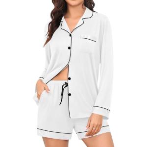 SWOMOG Womens Pajama Sets Long Sleeve and Shorts Pajamas Button Down Pjs 2 PCS Sleepwear Lounge Set with Pockets(White)