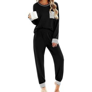 SWOMOG Women’s Pajamas Set Long Sleeve Sleepwear with Long Pants Soft Modal Loungewear Pj Set(0-black)