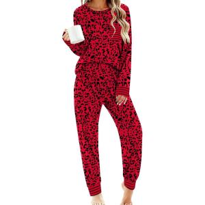 SWOMOG Women’s Pajamas Set Long Sleeve Sleepwear with Long Pants Soft Modal Loungewear Pj Set(Red Leopard)