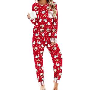 SWOMOG Women’s Pajamas Set Long Sleeve Sleepwear with Long Pants Soft Modal Loungewear Pj Set(Red Snowman)