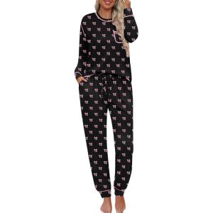 SWOMOG Women’s Pajamas Set Long Sleeve Sleepwear with Long Pants Soft Modal Loungewear Pj Set(Style3-black Bow)