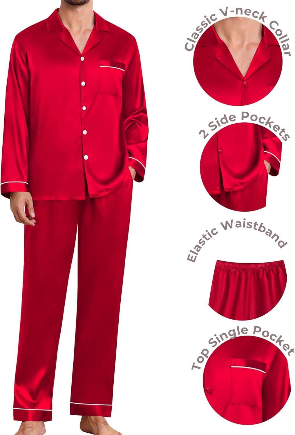 imageSWOMOG Couples Pajamas Womens ampMens Matching Pajamas Set Silk Satin Pj Set Long Sleeve Button Down Sleepwear 2 Pcs LoungewearDark Red