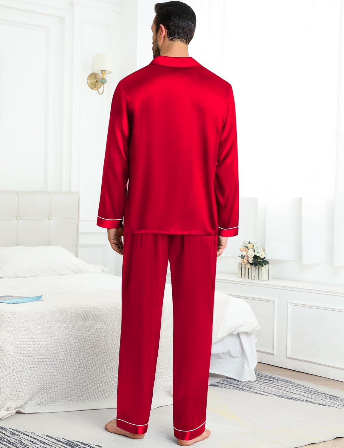 imageSWOMOG Couples Pajamas Womens ampMens Matching Pajamas Set Silk Satin Pj Set Long Sleeve Button Down Sleepwear 2 Pcs LoungewearDark Red