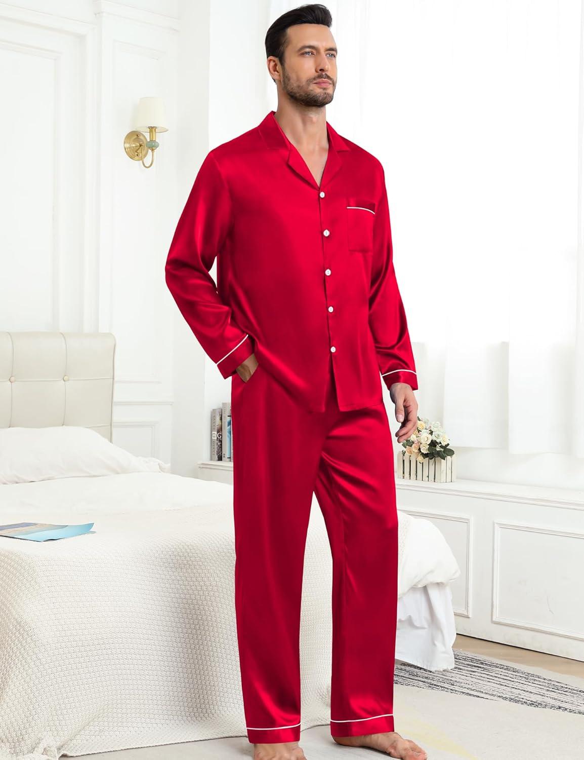 imageSWOMOG Couples Pajamas Womens ampMens Matching Pajamas Set Silk Satin Pj Set Long Sleeve Button Down Sleepwear 2 Pcs LoungewearDark Red