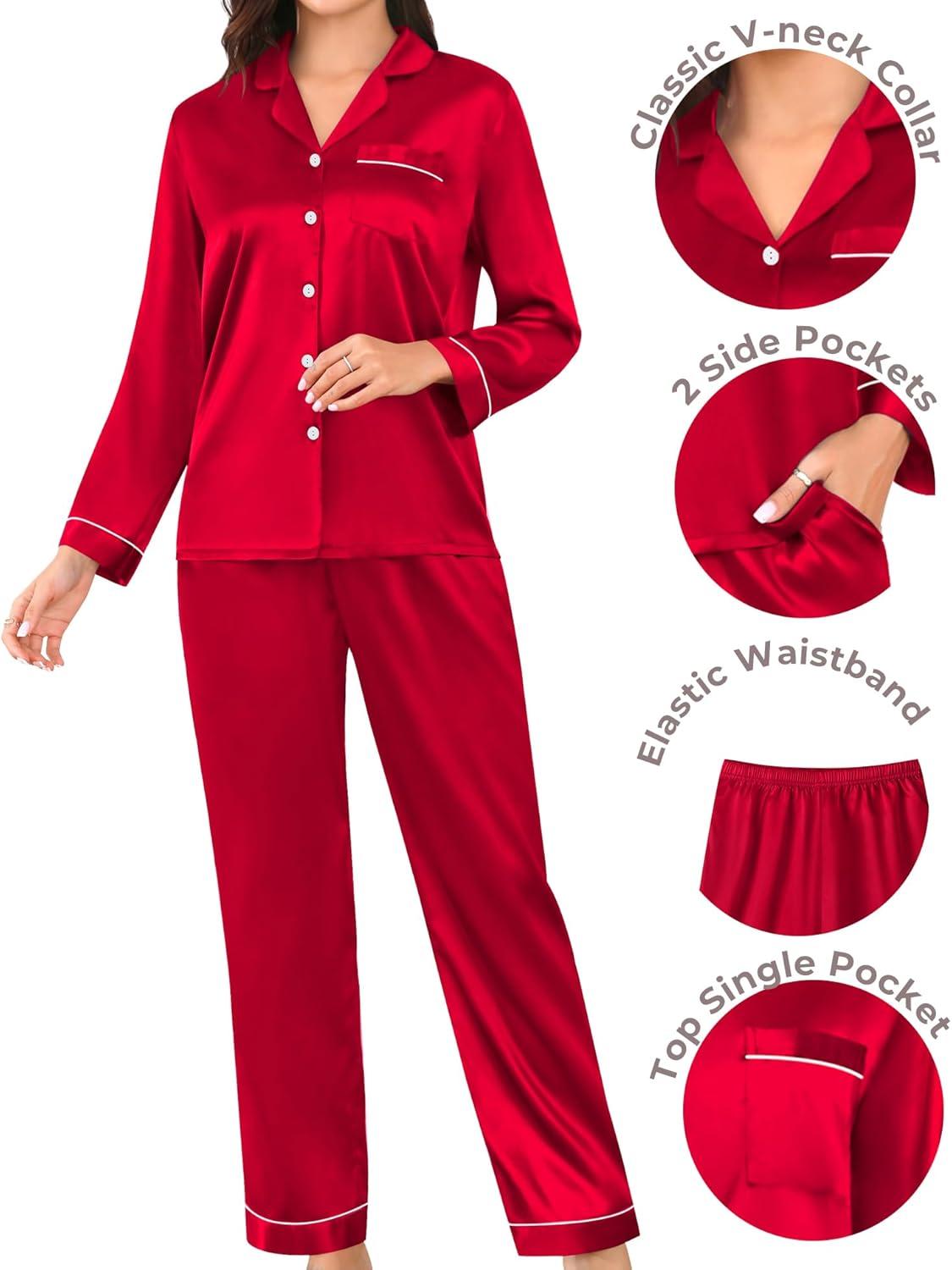 imageSWOMOG Couples Pajamas Womens ampMens Matching Pajamas Set Silk Satin Pj Set Long Sleeve Button Down Sleepwear 2 Pcs LoungewearDark Red