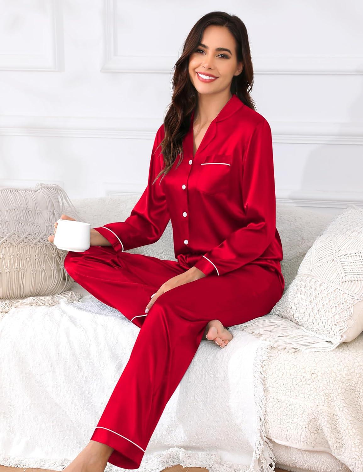 imageSWOMOG Couples Pajamas Womens ampMens Matching Pajamas Set Silk Satin Pj Set Long Sleeve Button Down Sleepwear 2 Pcs LoungewearDark Red