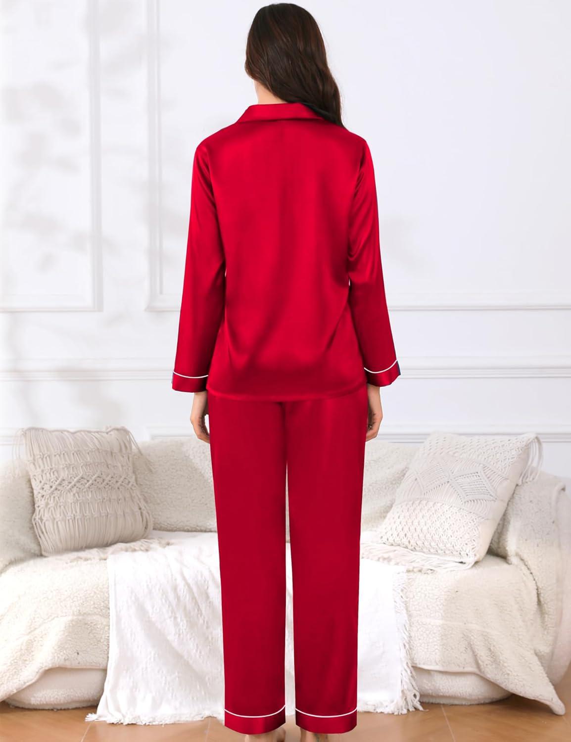 imageSWOMOG Couples Pajamas Womens ampMens Matching Pajamas Set Silk Satin Pj Set Long Sleeve Button Down Sleepwear 2 Pcs LoungewearDark Red