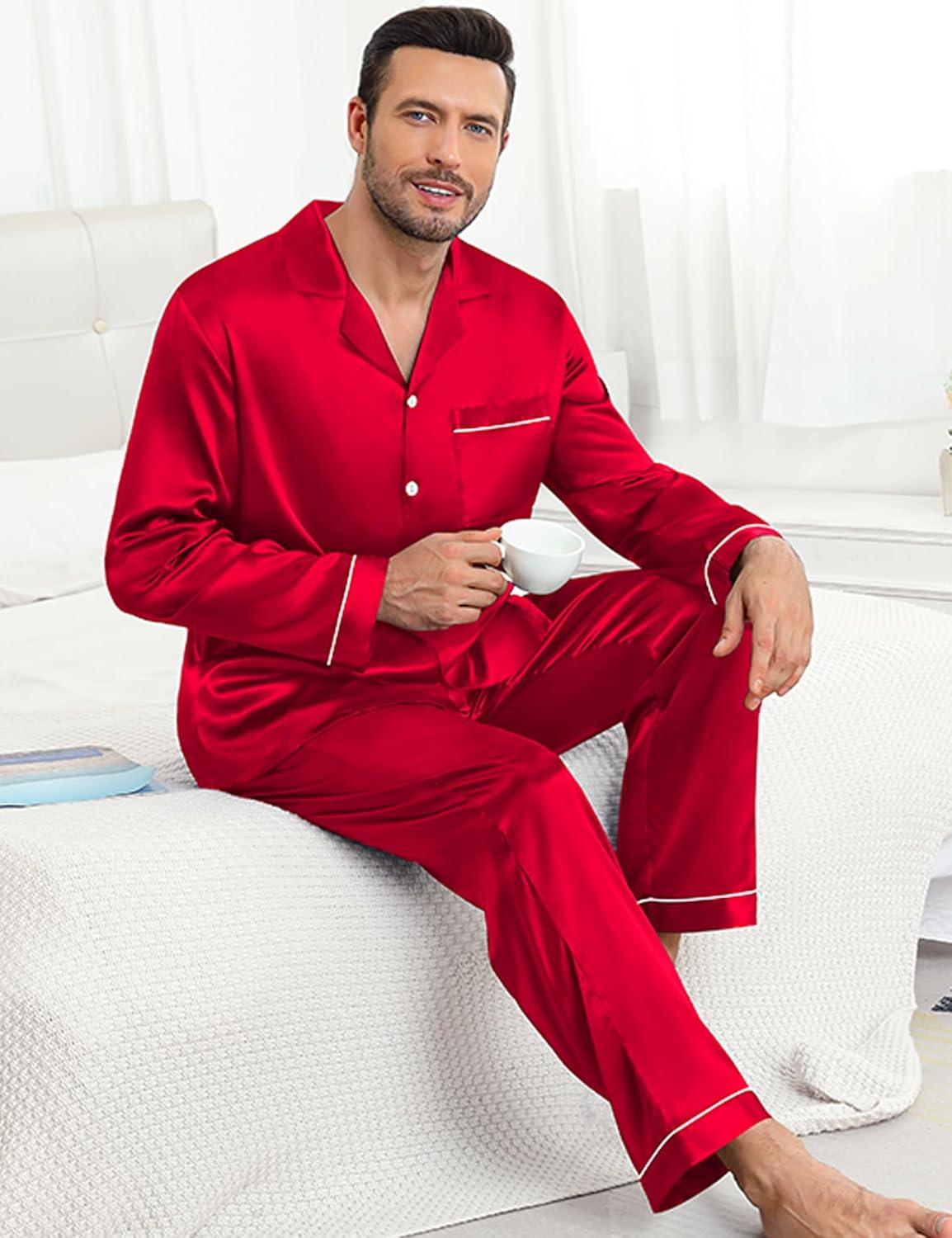 imageSWOMOG Couples Pajamas Womens ampMens Matching Pajamas Set Silk Satin Pj Set Long Sleeve Button Down Sleepwear 2 Pcs LoungewearDark Red