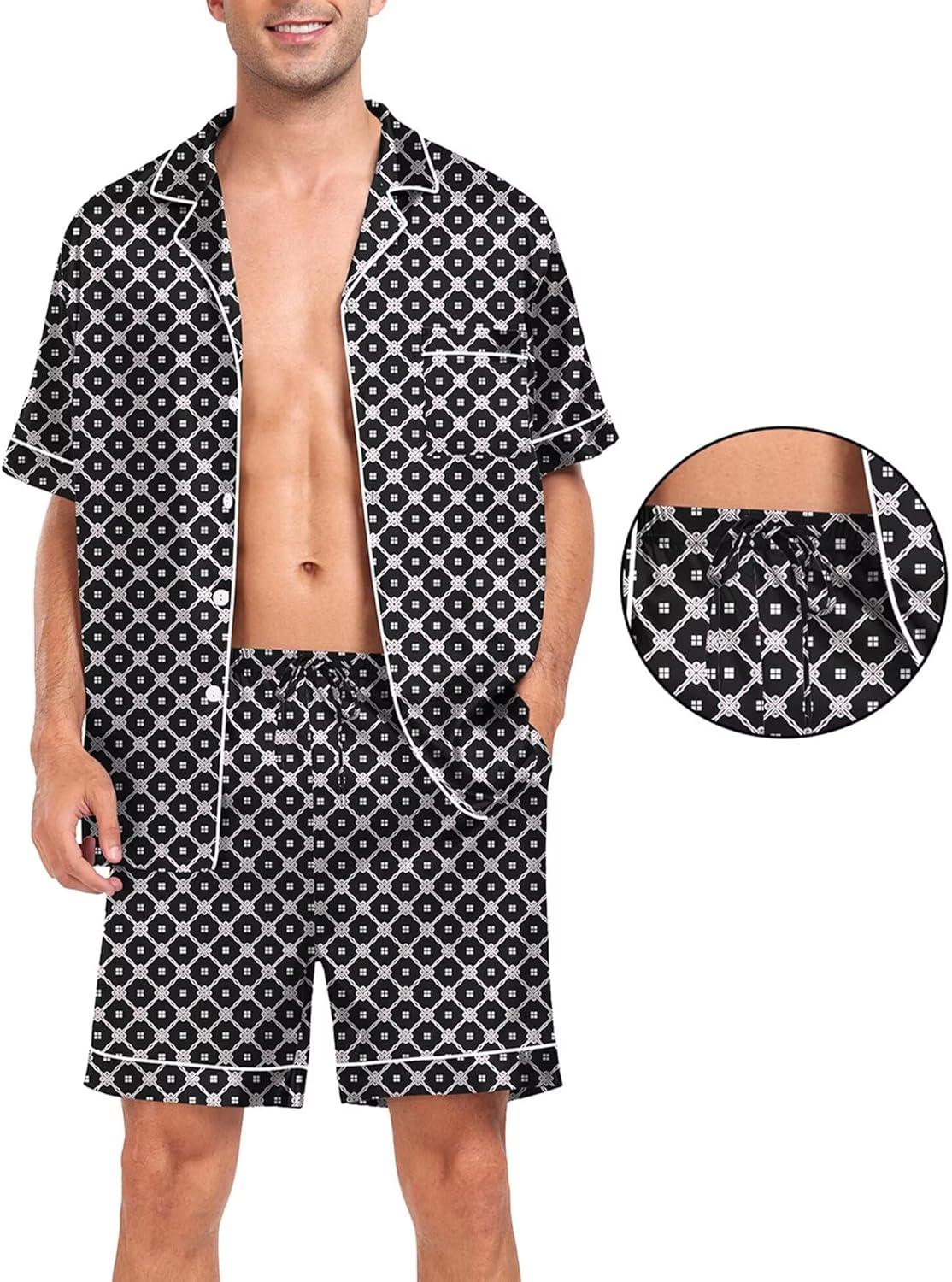 imageSWOMOG Men Silk Pajama Set Short Sleeve Satin PJs Sets 2 Piece Button Down Sleepwear Soft Summer Loungewear with PocketsBlack Floral